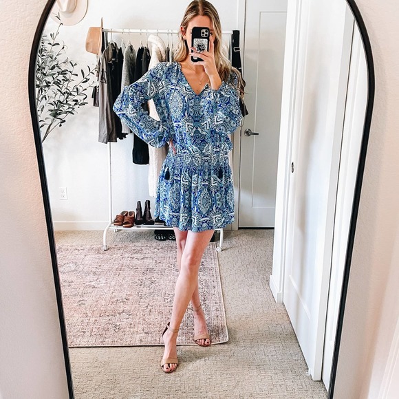 PARKER Blue Silk Paisley Boho Printed Peasant Dress - Picture 2 of 12